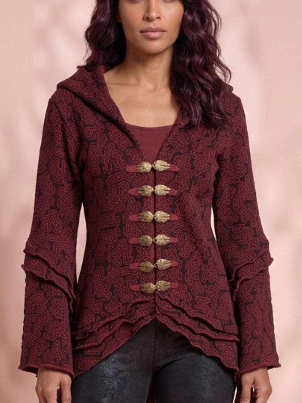 Hooded Maroon Toggle Cardigan with Ruffle Hem